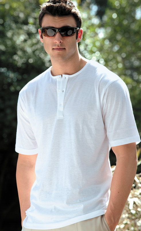 White  Henley Tan through casual shirt