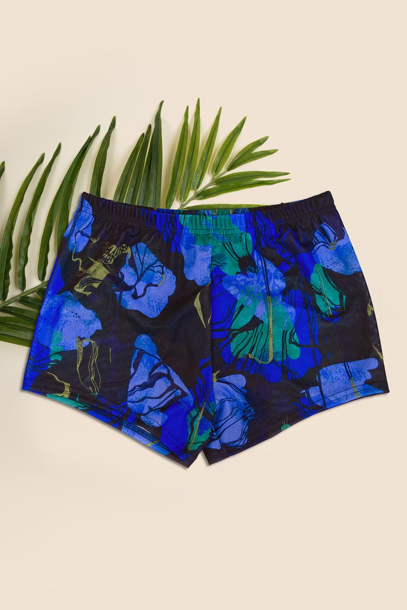 Tan Though midnight blue flowers swim hipster shorts